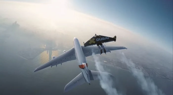 Jetman Dubai Pilots Soar Like Iron Man Beside Emirates A380 Aircraft in Video